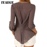 IYAEGE Loose Casual Fall Blouses Women Long Sleeve Deep V Neck Chiffon Blouse Shirt Button Back Asymmetric Ladies Tops Blusas