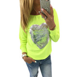 IYAEGE Fashion Women Cotton Blouses Tops O Neck Sequin Heart Shape Blusas Ropa Mujer Long Sleeve Blouse Casual Female Shirts