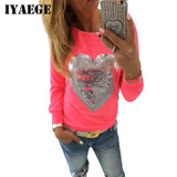 IYAEGE Fashion Women Cotton Blouses Tops O Neck Sequin Heart Shape Blusas Ropa Mujer Long Sleeve Blouse Casual Female Shirts