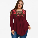 AZULINA Plus Size Women Blouse 2018 Fashion Embroidery Fishnet Insert Babydoll Ladies Tops Casual Long Blouses Shirts Blusas 5XL