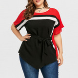 AZULINA Plus Size Tie Belt Batwing T-Shirt O Neck Color Block Women T-Shirts 2018 Casual Summer T Shirt Ladies Tops Big Size 5XL