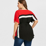AZULINA Plus Size Tie Belt Batwing T-Shirt O Neck Color Block Women T-Shirts 2018 Casual Summer T Shirt Ladies Tops Big Size 5XL