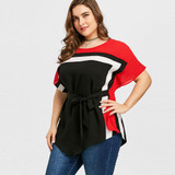 AZULINA Plus Size Tie Belt Batwing T-Shirt O Neck Color Block Women T-Shirts 2018 Casual Summer T Shirt Ladies Tops Big Size 5XL