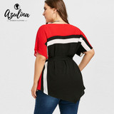 AZULINA Plus Size Tie Belt Batwing T-Shirt O Neck Color Block Women T-Shirts 2018 Casual Summer T Shirt Ladies Tops Big Size 5XL