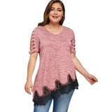 AZULINA Plus Size Shredding Lace Trim T-Shirt Women Top Tee Short Sleeve V Neck Casual Ladies Tops Summer T Shirts Big Size 5XL