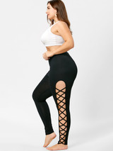 AZULINA Plus Size Lattice Cut Out Leggings Casual Skinny Black High Waist Pencil Pants Women Trousers Big Size Women Clothes 5XL