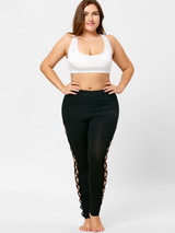 AZULINA Plus Size Lattice Cut Out Leggings Casual Skinny Black High Waist Pencil Pants Women Trousers Big Size Women Clothes 5XL