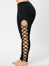 AZULINA Plus Size Lattice Cut Out Leggings Casual Skinny Black High Waist Pencil Pants Women Trousers Big Size Women Clothes 5XL