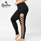 AZULINA Plus Size Lattice Cut Out Leggings Casual Skinny Black High Waist Pencil Pants Women Trousers Big Size Women Clothes 5XL
