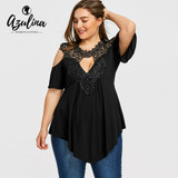 AZULINA Plus Size Keyhole Neck Cold Shoulder T-Shirt Black Summer Casual Half Sleeves Lace Long Tops T Shirt Women T-Shirts 5XL