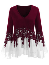 AZULINA Plus Size Applique Layered Blouse Women Blouses 2018 Fall New Fashions V-Neck Long Sleeves Ladies Tops Blusas Mujer 5XL