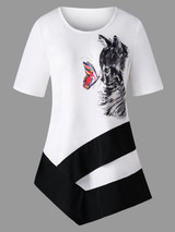 AZULINA Plus Size Cat Print Asymmetric T-Shirt Women Ladies Short Sleeves Long T Shirts Womens Tops Big Size Summer Casual Top