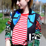 AZULINA Harajuku 2017 Spring Autumn Geometric Print Women Bomber Jacket Coat Ladies Casual Zipper Short Baseball Jacket Femme