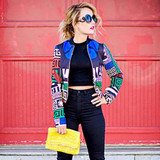 AZULINA Harajuku 2017 Spring Autumn Geometric Print Women Bomber Jacket Coat Ladies Casual Zipper Short Baseball Jacket Femme