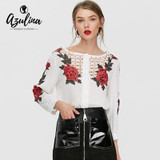 AZULINA Embroidery Floral Flower Women Blouse Shirt 2017 Spring Summer Long Sleeve White O Neck Female Fashion Casual Blouse