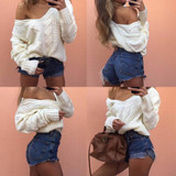 AZULINA Brief V-Neck Oversize Knitted Sweater Pullover Women 2017 Autumn Winter Drop Shoulder Loose White Sweater Pull Femme