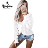 AZULINA Brief V-Neck Oversize Knitted Sweater Pullover Women 2017 Autumn Winter Drop Shoulder Loose White Sweater Pull Femme
