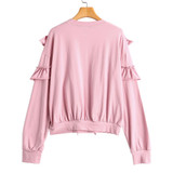 AZULINA Autumn Women Ruffle Drop Shoulder Casual Sweatshirt Women Long Sleeve Round Neck Pink Fall Oversized Loose Pullover Top
