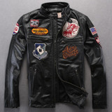 Avirex fly air force badge flight jacket men yellow black sheepskin mandarin collar pilot leather jacket men mortorcycle jacket