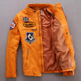 Avirex fly air force badge flight jacket men yellow black sheepskin mandarin collar pilot leather jacket men mortorcycle jacket