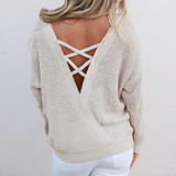 Autumn Women Knitted Sweaters Winter Sexy Backless Lace Up Sweater Fashion Pullovers Long Sleeve Loose Tops WS2199O