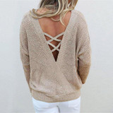Autumn Women Knitted Sweaters Winter Sexy Backless Lace Up Sweater Fashion Pullovers Long Sleeve Loose Tops WS2199O