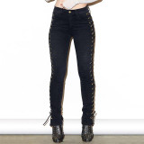 Autumn Women High Waist Jeans Side Lace Up Bandage Cotton Jeans Skinny Pencil Denim Pants Sexy Hollow Out Slim Fit Punk Trousers