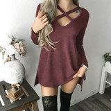 Cova Sophy 2017 Winter Women New Fashion High Street Blouses Long Sleeve Solid Deep V-Neck Lace Up Tops