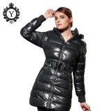 COUTUDI 2016 Long Women Clothing Winter Warm Jackets Shiny Solid Black Parkas Cotton Coats Female Waterproof Belt Parka Coats