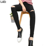 2017 High Elastic imitate Skinny Jeans Womens High Waist Torn Jeans Ripped Hole Knee Skinny Pencil Pants Slim Capris For Women