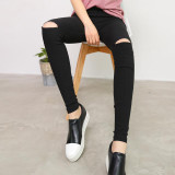 2017 High Elastic imitate Skinny Jeans Womens High Waist Torn Jeans Ripped Hole Knee Skinny Pencil Pants Slim Capris For Women