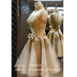 2017 Gold Cheap Short Prom Dresses Plus Size High Neck Appliques Ball Gown Party Homecoming Dress For Gils Vestidos De Festa