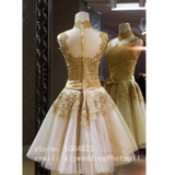 2017 Gold Cheap Short Prom Dresses Plus Size High Neck Appliques Ball Gown Party Homecoming Dress For Gils Vestidos De Festa