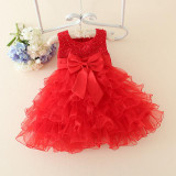 2017 Girls Red Christmas Dresses pearl lace cake dresses for 1 year birthday baby girls tulle Christening dress kids clothes