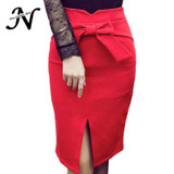 Bow High Waist Pencil Skirt Black Red Knee Length Spring 2018 Women Skirts Casual Tight Womens Bodycon Skirt Plus Size Saia