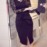 Bow High Waist Pencil Skirt Black Red Knee Length Spring 2018 Women Skirts Casual Tight Womens Bodycon Skirt Plus Size Saia