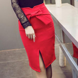 Bow High Waist Pencil Skirt Black Red Knee Length Spring 2018 Women Skirts Casual Tight Womens Bodycon Skirt Plus Size Saia