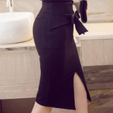 Bow High Waist Pencil Skirt Black Red Knee Length Spring 2018 Women Skirts Casual Tight Womens Bodycon Skirt Plus Size Saia