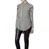 2016 Formal blouses Long Sleeve Button Down Women's Shirt Vertical Striped Chiffon Pocket Career Tops