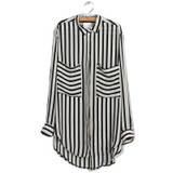 2016 Formal blouses Long Sleeve Button Down Women's Shirt Vertical Striped Chiffon Pocket Career Tops