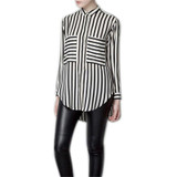 2016 Formal blouses Long Sleeve Button Down Women's Shirt Vertical Striped Chiffon Pocket Career Tops