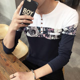 2017 New Autumn Men's T Shirt  New Fashion Flower Pachwork Long Sleeve T Shirt Mens Clothes Trend Casual O Neck Top Tees Men 5XL
