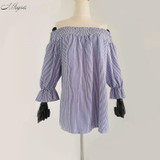 2017 New Women Sexy Blouses Slash Neck OFF Shoulder Bow Three Sleeve Casual Tops Shirts Blue White Striped Party Blusas 067
