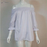 2017 New Women Sexy Blouses Slash Neck OFF Shoulder Bow Three Sleeve Casual Tops Shirts Blue White Striped Party Blusas 067 2017 New Women Sexy Blouses Slash Neck OFF Shoulder Bow Three Sleeve Casual Tops Shirts Blue White Striped Party Blusas 067