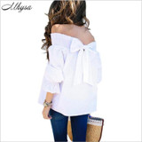 2017 New Women Sexy Blouses Slash Neck OFF Shoulder Bow Three Sleeve Casual Tops Shirts Blue White Striped Party Blusas 067 2017 New Women Sexy Blouses Slash Neck OFF Shoulder Bow Three Sleeve Casual Tops Shirts Blue White Striped Party Blusas 067
