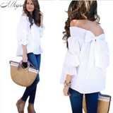 2017 New Women Sexy Blouses Slash Neck OFF Shoulder Bow Three Sleeve Casual Tops Shirts Blue White Striped Party Blusas 067 2017 New Women Sexy Blouses Slash Neck OFF Shoulder Bow Three Sleeve Casual Tops Shirts Blue White Striped Party Blusas 067