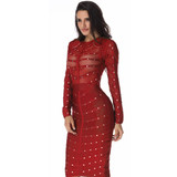 2017 New Women party Dress Bodycon Dress Long Sleeve Studded Button Olive Mesh High Neck Celebrity Sexy Bandage Dress Wholesale