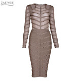 2017 New Women party Dress Bodycon Dress Long Sleeve Studded Button Olive Mesh High Neck Celebrity Sexy Bandage Dress Wholesale