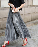 2017 New Women Metallic Silver Gold Skirt Long Skirt Elastic High Waist Metallic Pleated Skirt Party Club Ladies Saia Fenimias