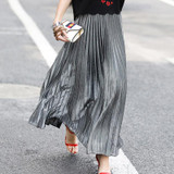 2017 New Women Metallic Silver Gold Skirt Long Skirt Elastic High Waist Metallic Pleated Skirt Party Club Ladies Saia Fenimias